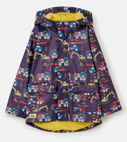 navy coat with construction vehicle pictures all over, yellow lining