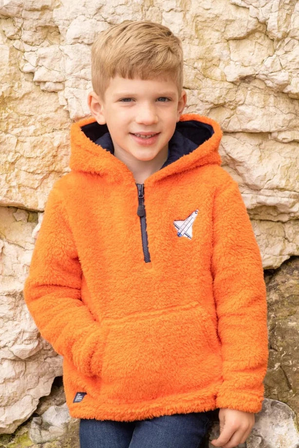 Full front image of sherpa fleece hoodie in orange with zip, large pouch pocket and embroidered spacescraft logo