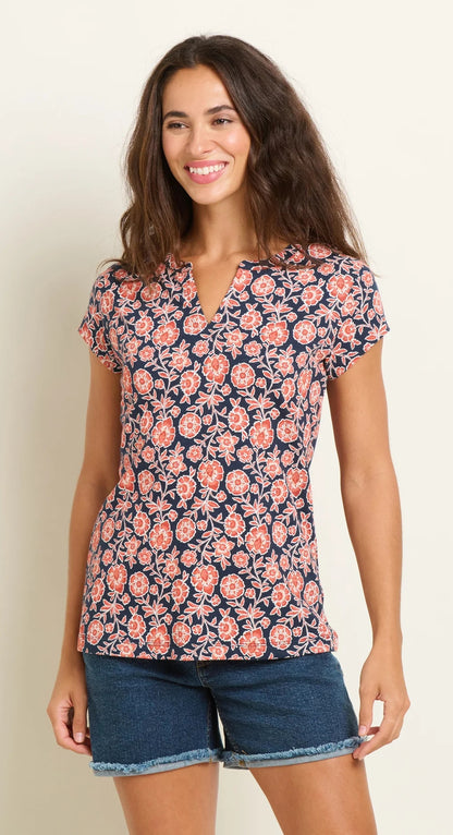 Women's Boho Floral t-shirt from Brakeburn with short sleeves, notch neckline in navy with a coral/red floral print.