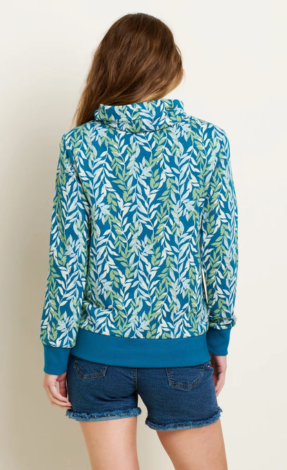 Women's willow leaf print Brakeburn sweatshirt in blue with drawstring cowl neckline.