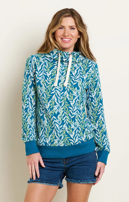 Brakeburn women's Willow Cowl Neck sweatshirt in blue with white, green and blue leaf print.