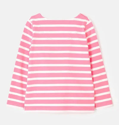 back of long sleeve tee in oink and white stripe