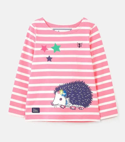 Pink and white long sleeve tee with a hedgehog and 3 stars 