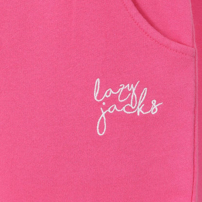 Lazy Jacks LJ55 women's jogger sweatshorts in Sorbet Pink with embroidered logo.