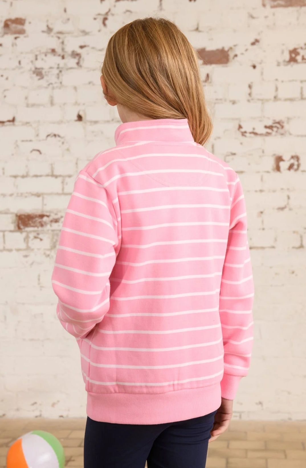 Kids Lighthouse Ava zip through sweatshirt in Blush Pink with white stripes.