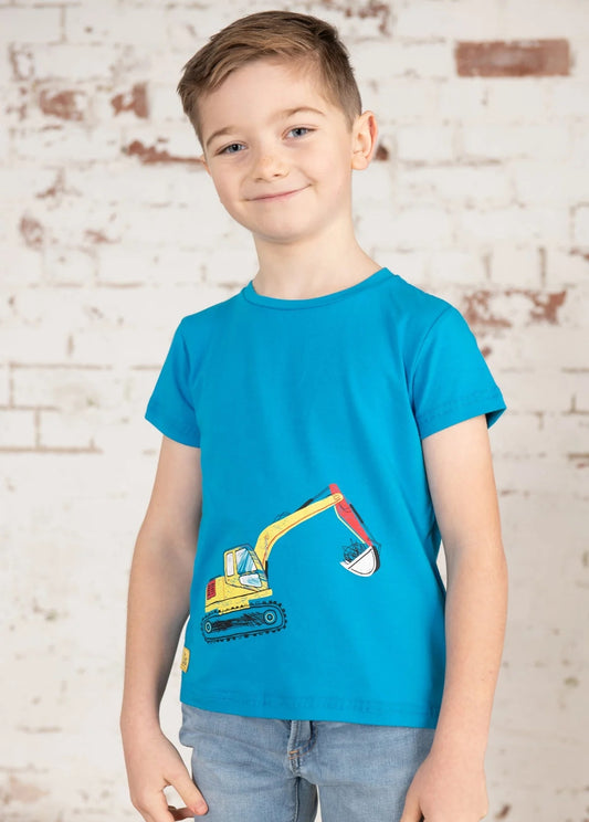 Lighthouse kids short sleeve Oliver tee in Blue with Construction digger print.