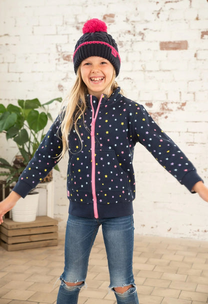 Kids Navy full zip Ava sweatshirt from Lighthouse with multicoloured star print and tummy pockets.