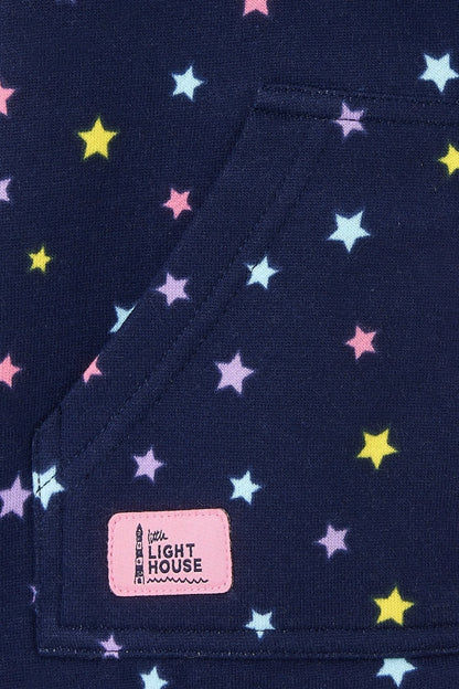 Navy with multicoloured star pattern kids Ava sweatshirt from Lighthouse with tummy pockets and logo patch.