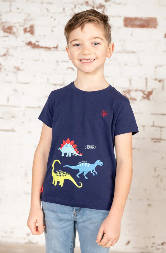Lighthouse kids short sleeve Oliver tee in Navy with Dino print.