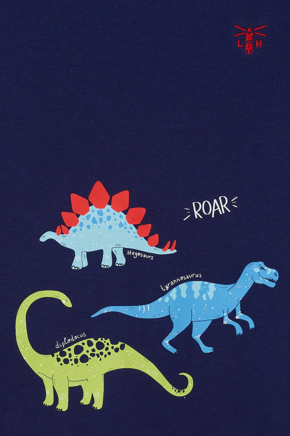 Lighthouse kids short sleeve Oliver tee in navy with Stegasaurus, Tyrannosaurus and Diplodocus dinosaur print.