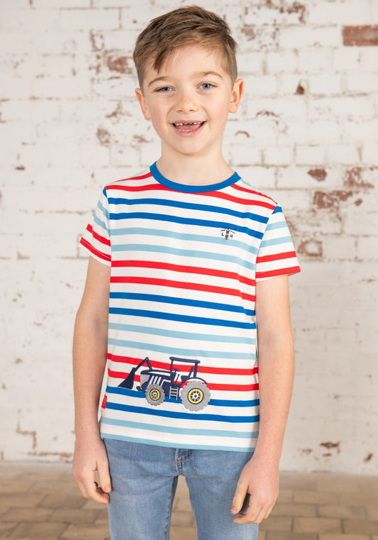 Lighthouse kids short sleeve Oliver tee in white, blue and red stripe with tractor applique on the front.