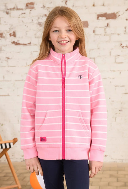 Kids Blush Pink full zip Ava sweatshirt from Lighthouse with white stripes and tummy pockets.