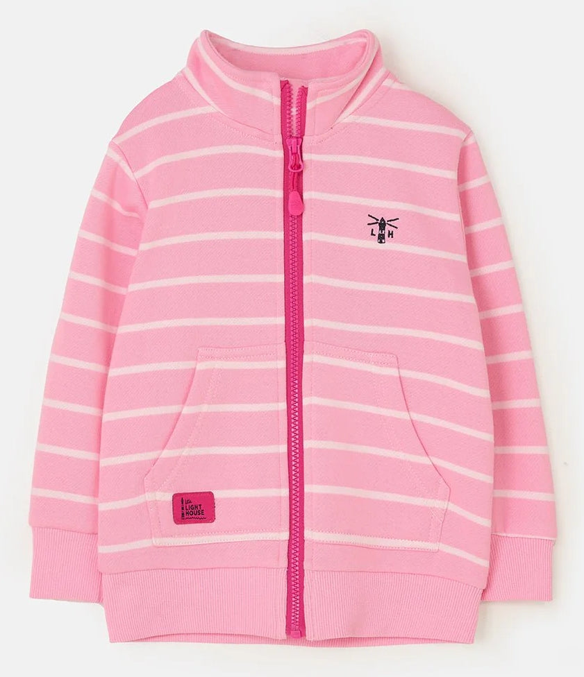 Kids Ava sweatshirt from Lighthouse in Blush Pink with full zip, white stripes, tummy pockets and elasticated cuffs and bottom hem.