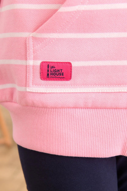 Lighthouse kids Ava full zip sweatshirt in Rose Pink with white stripes, with tummy pockets and small Lighthouse logo patch.