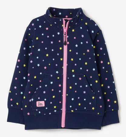 Kids Lighthouse Ava zip through sweatshirt in Navy with multicoloured star print.