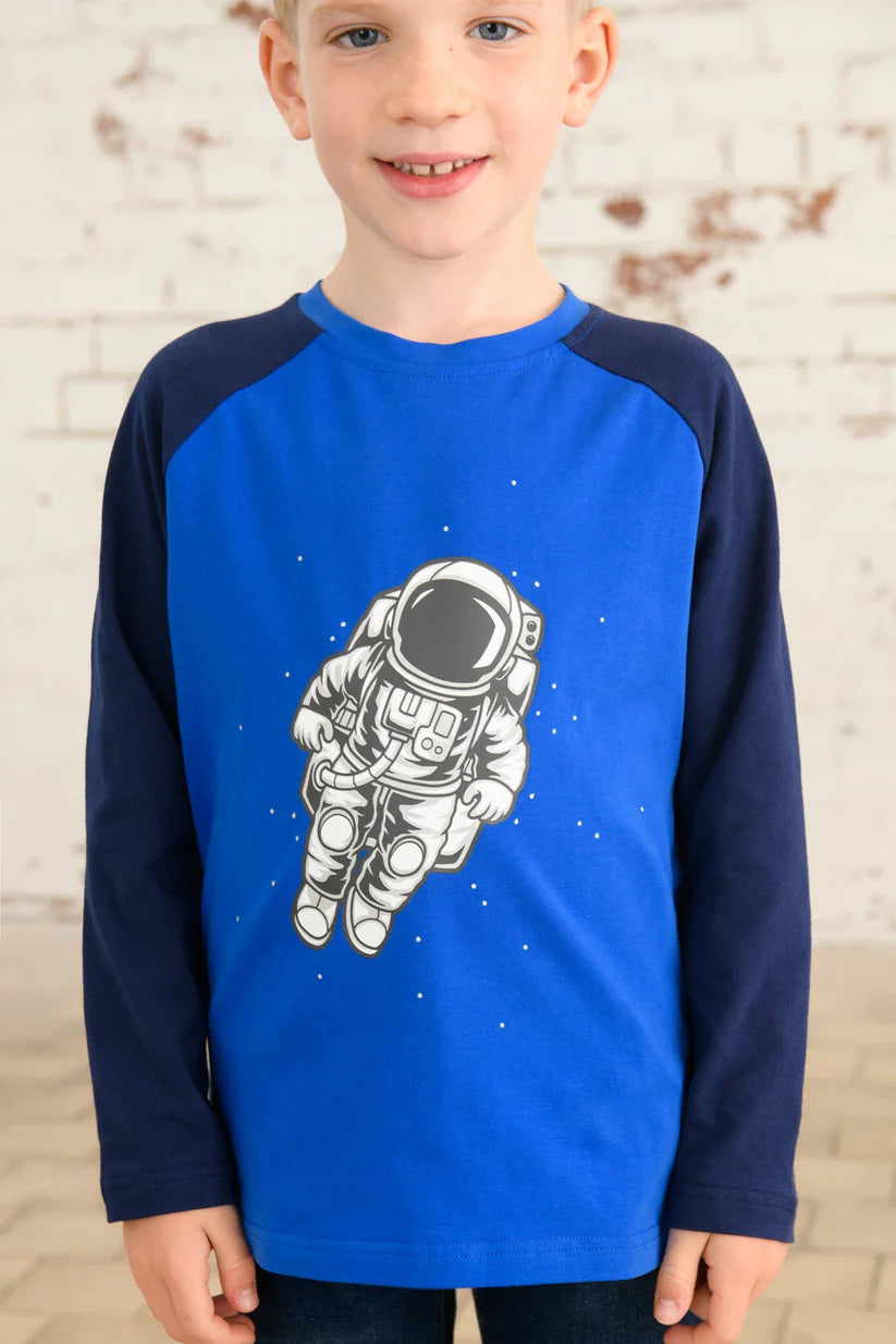 front image blue long sleeve top with spaceman image 