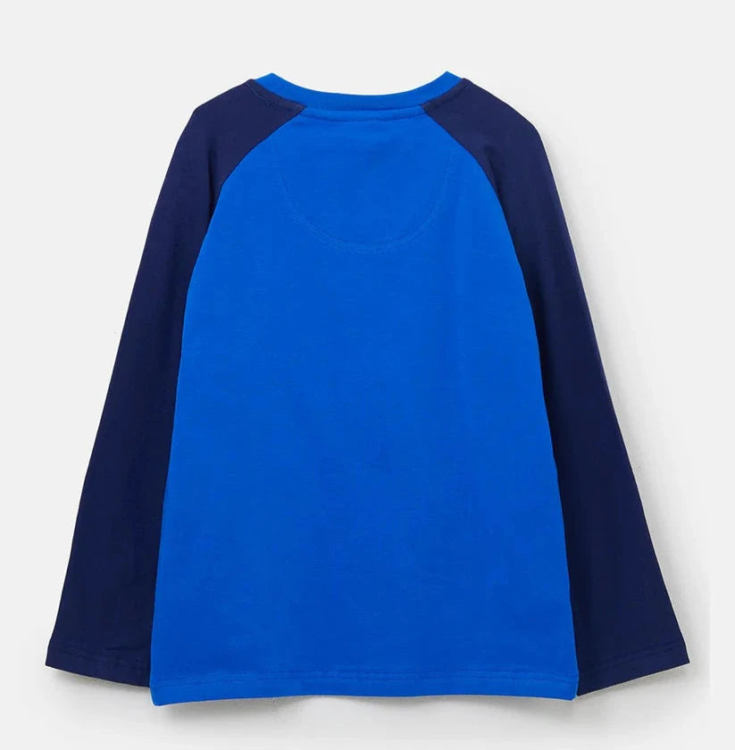 Full back image, long navy sleeves with blue body 