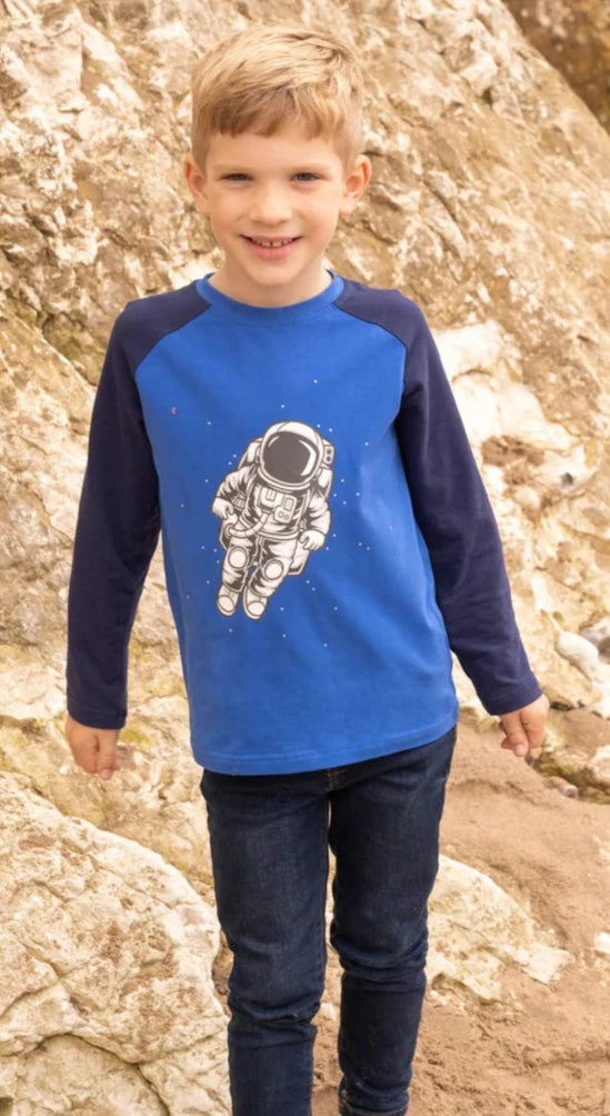 long sleeve t-shirt, navy sleeves with blue body and spaceman on front