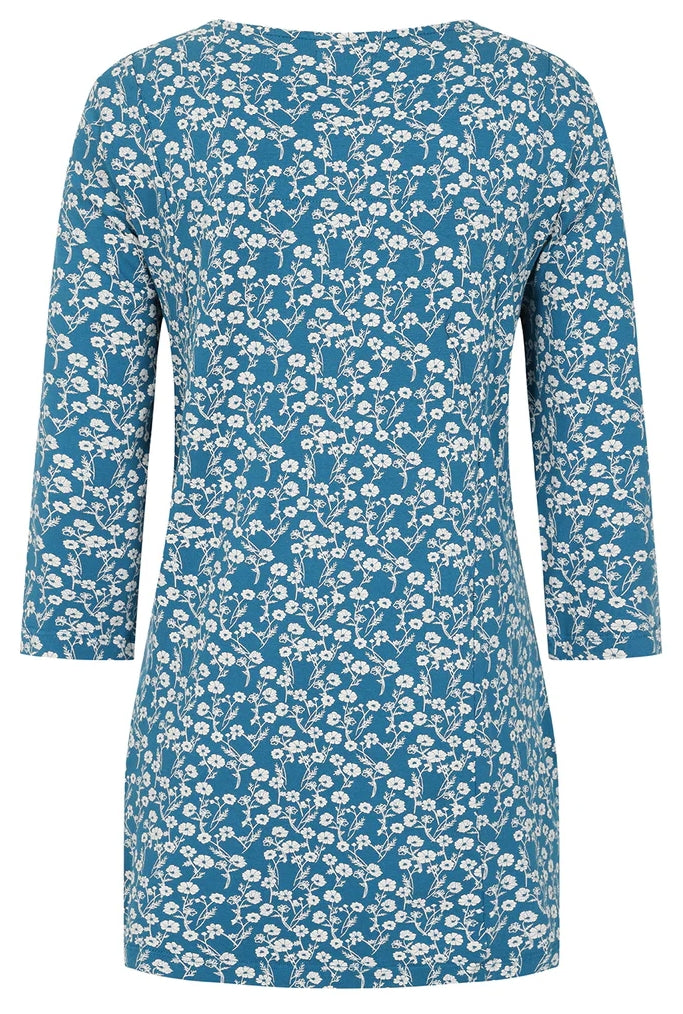 Women's Francoise tunnic from Mudd and Water in Teal Blue with a white floral Meadow pattern, round neckline and 3/4 length sleeves.