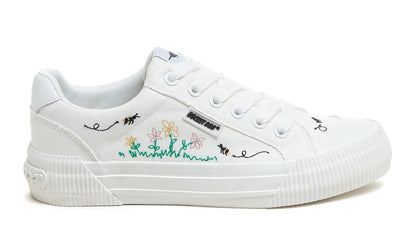Women's Rocket Dog Cheery floral and bee embroidered trainers in white.