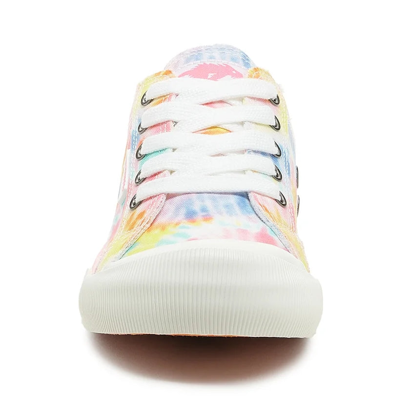 Women's Rocket Dog low rise multicoloured pastel Jazzin trainers with white laces, tie dye pattern and white soles.