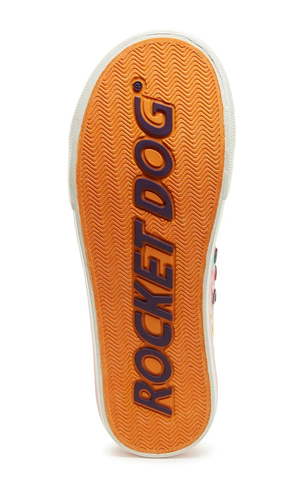 Rocket Dog women's cotton trainers with orange logo print soles.