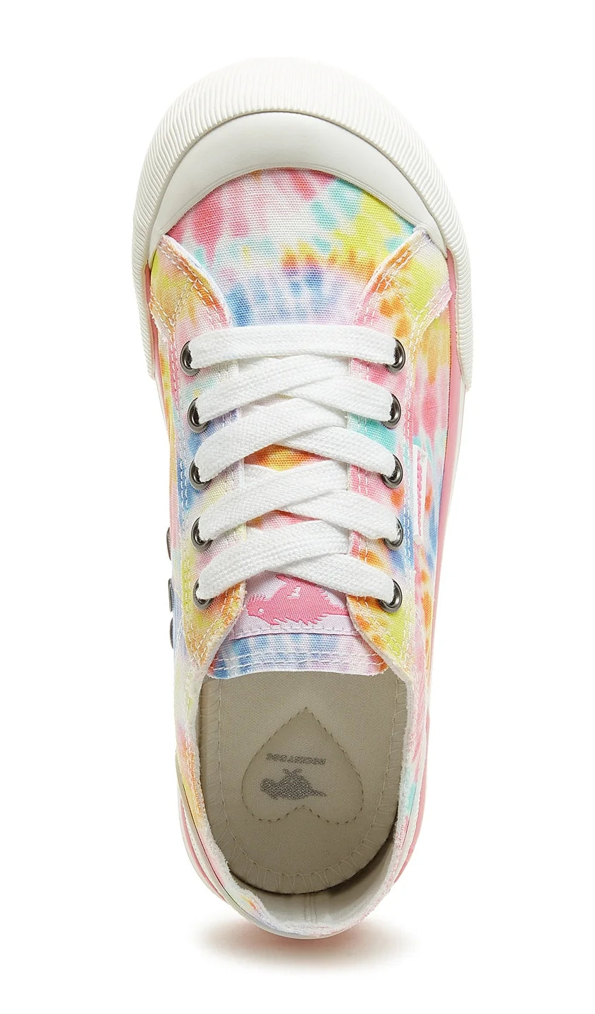 Lace up women's Jazzin cotton trainers with a multicoloured pastel tie dye pattern and white laces.