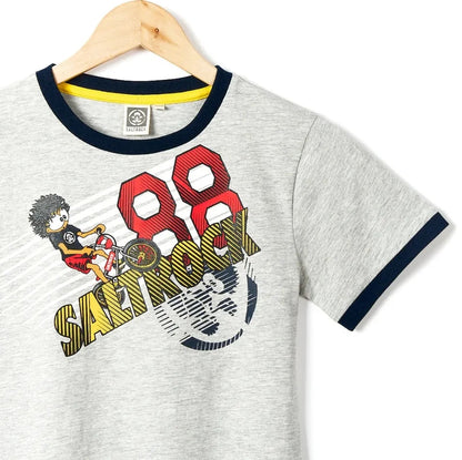 Kids BMX theme printed Bandit tee from Saltrock in Grey with navy sleeve and neckline trim.