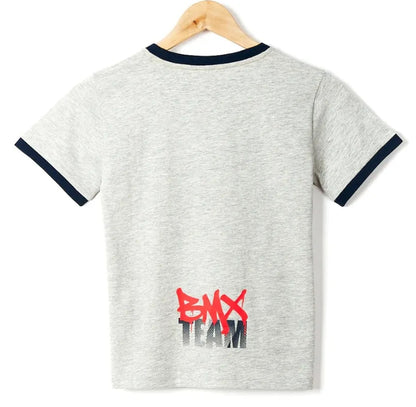 Children's short sleeve Saltrock Bandit tee in Grey with navy trim and BMX theme prints.