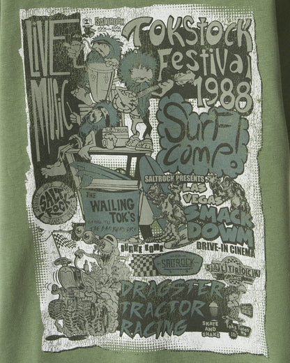 Saltrock kids Festival Merch tee in Green featuring their Tokstock Festival surf competion print.