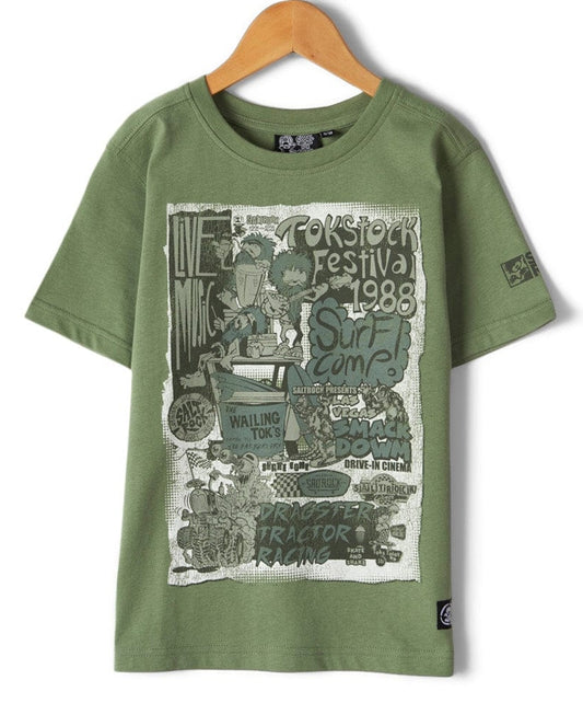 Saltrock kid's short sleeve round neck tee in Green featuring the Festival Merch print on the front.