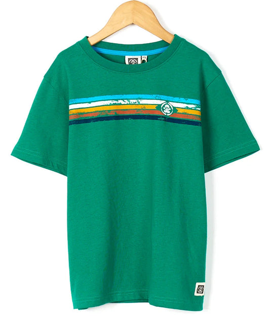 Saltrock kid's Tok Stripe short sleeve tee in Bright Green with distressed style prints and logo across the chest.