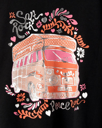 Saltrock kid's Black hooded sweatshirt with orange, pink and metallic silver printed campervan on the back.