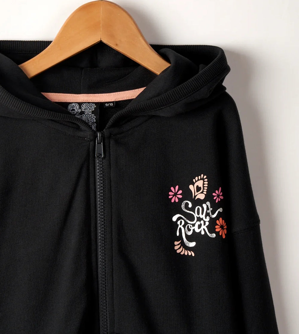 Saltrock childrens black Tahiti Van full zip hoodie with orange, pink and silver logo print on the front.