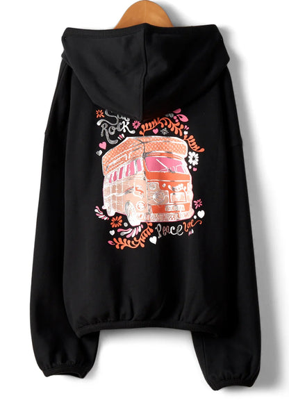 Saltrock kid's Tahiti Van full zip hoodie in Black with orange, pink and metallic silver printed campervan on the back.