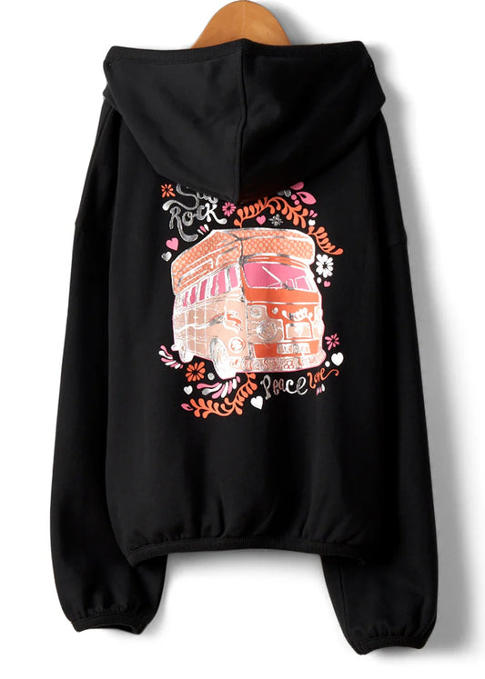 Saltrock kid's Tahiti Van full zip hoodie in Black with orange, pink and metallic silver printed campervan on the back.