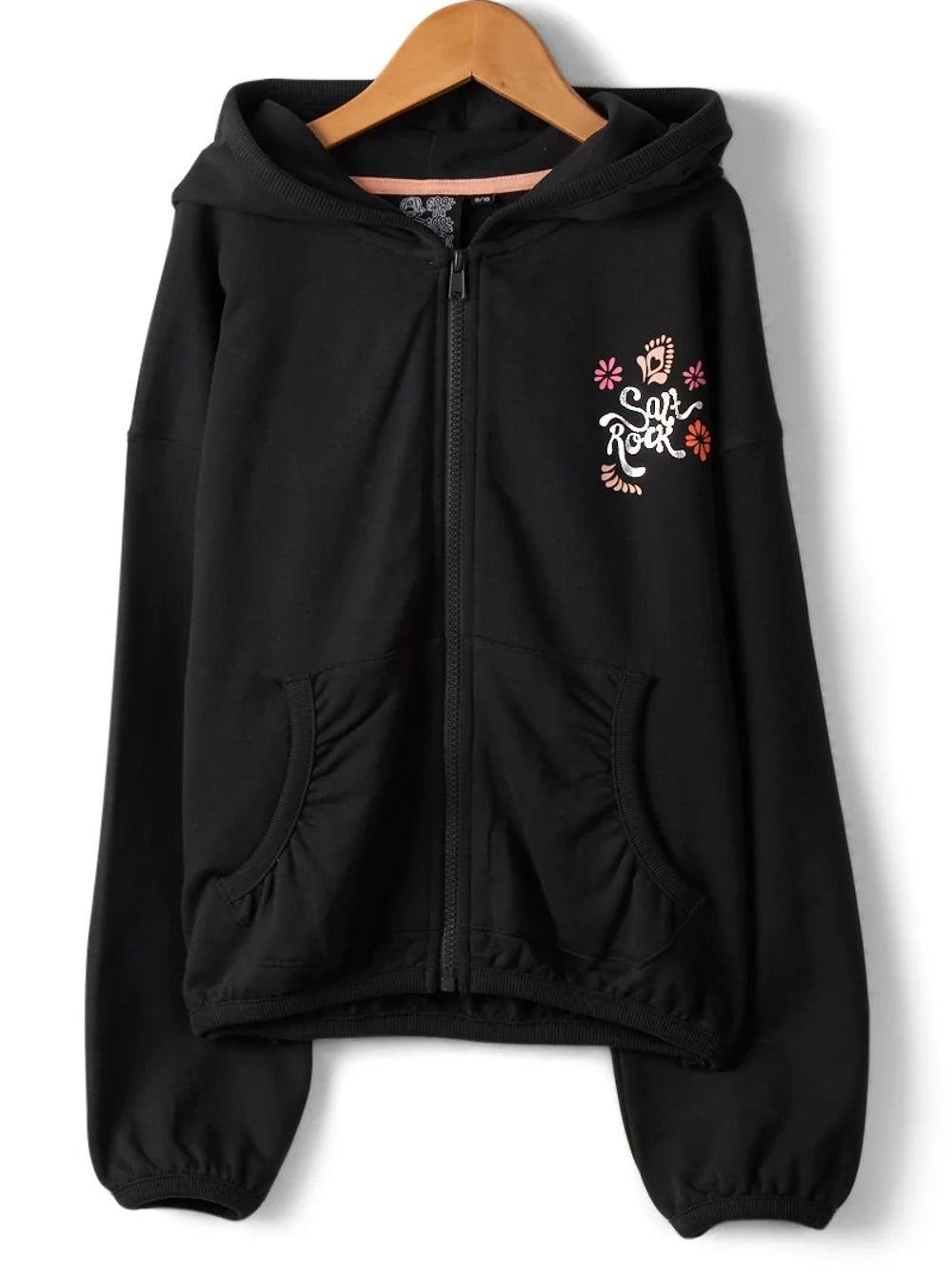 Children's Saltrock Tahiti Van full zip hoodie in Black with elasticated cuffs, bottom hem and campervan print on the back with small logo print on the front.