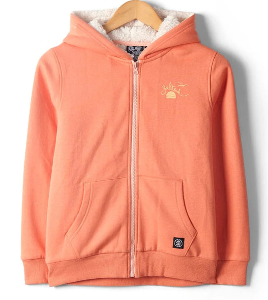 Saltrock kid's Waveline faux fur lined zip through hoodie in Light Orange with surf themed prints.