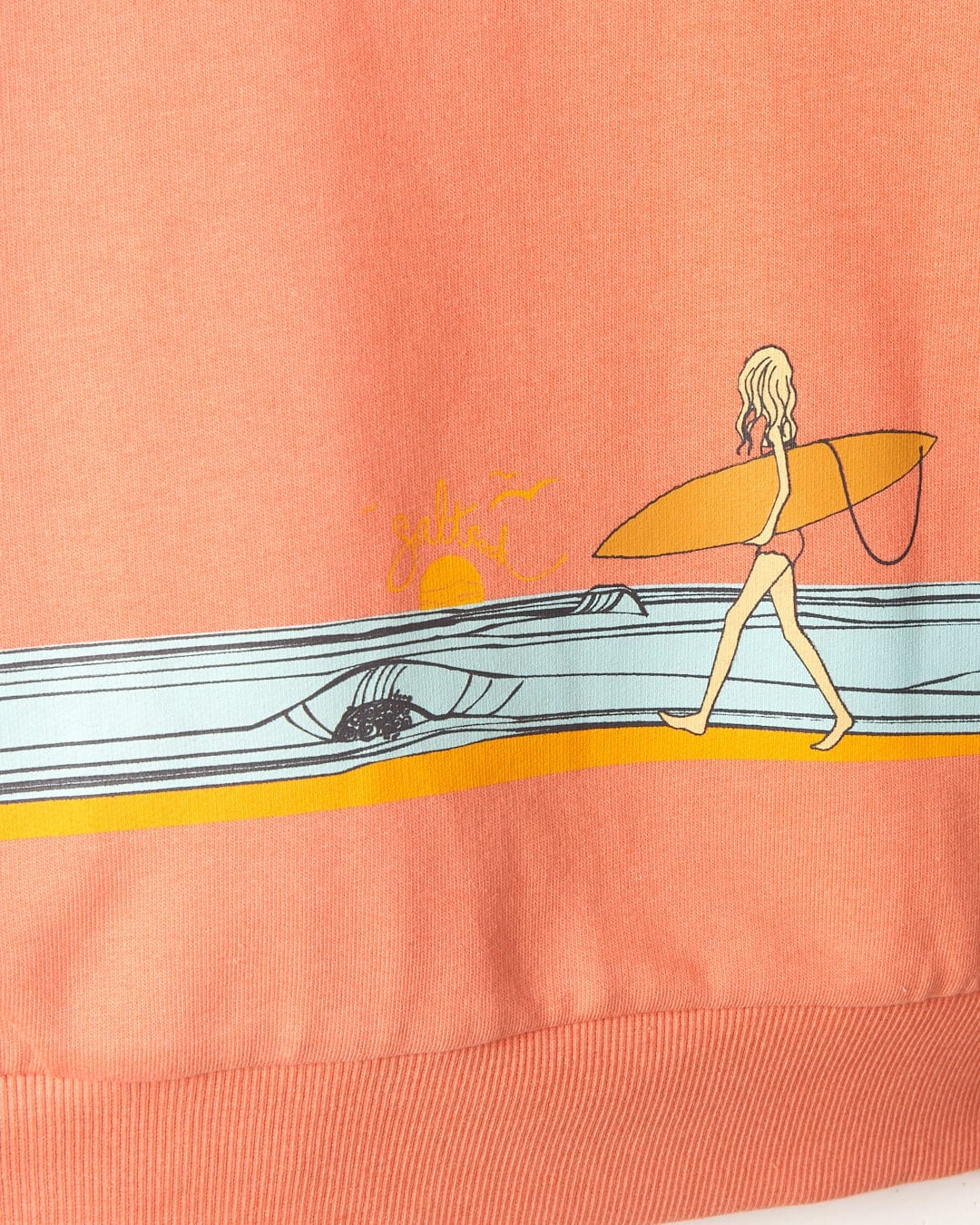 Saltrock children's Waveline hoodie in Light Orange with wave back print and surfer girl.