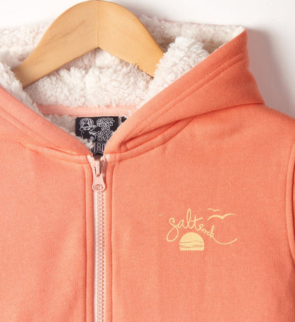 Girls Saltrock fluffy lined Waveline hoodie in Light Orange with sun, sea and seagull printed chest logo.