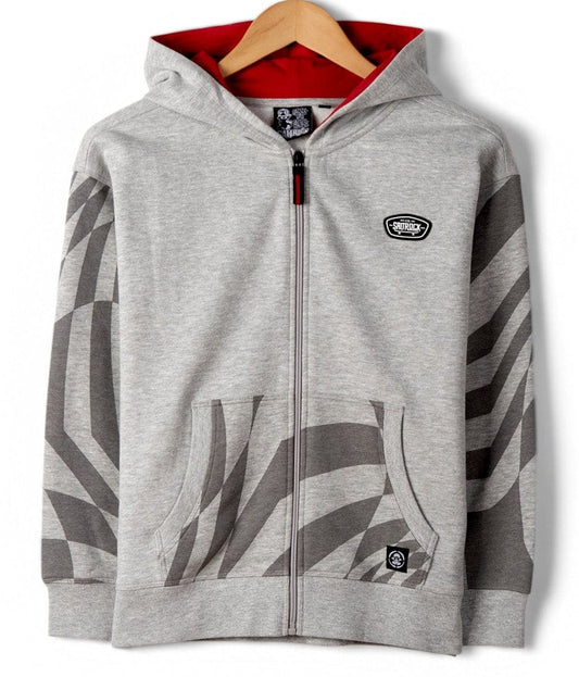Saltrock kid's Grip It full zip hoodie in Grey with irregular check pattern sleeves and tummy pockets.