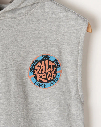 Kids grey sleeveless hoodie with Original SR logo print from Saltrock.