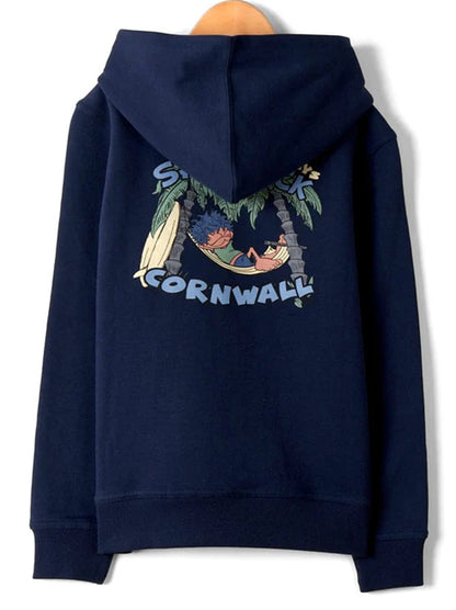 Saltrock kid's Lazy Location Cornwall print pop over hoodie in Navy.