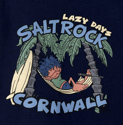 Kids hoodie from Saltrock in Navy featuring a Lazy Days in Cornwall print on the back with palm trees, hammock and surfboard.