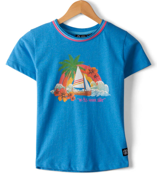 Saltrock kid's Floral Lost Ships short sleeve tee in Blue with sailboat, palm tree, waves, tropical flowers and rainbow print.