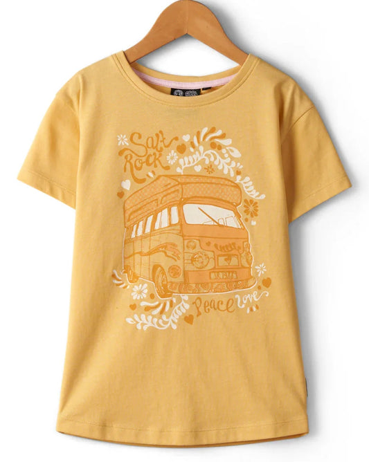Saltrock kid's Tahiti Van short sleeve tee in yellow with hippy style campervan print on the front with the words Peace and Love.