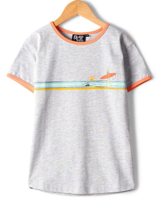 Saltrock kid's short sleeve round neck Waveline tee in Grey with orange sleeve and neck trim and a wave with surfer print across the chest.
