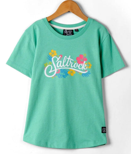 Saltrock kid's Tropic short sleeve round neck tee in Green with multicoloured tropical floral logo print on the front.