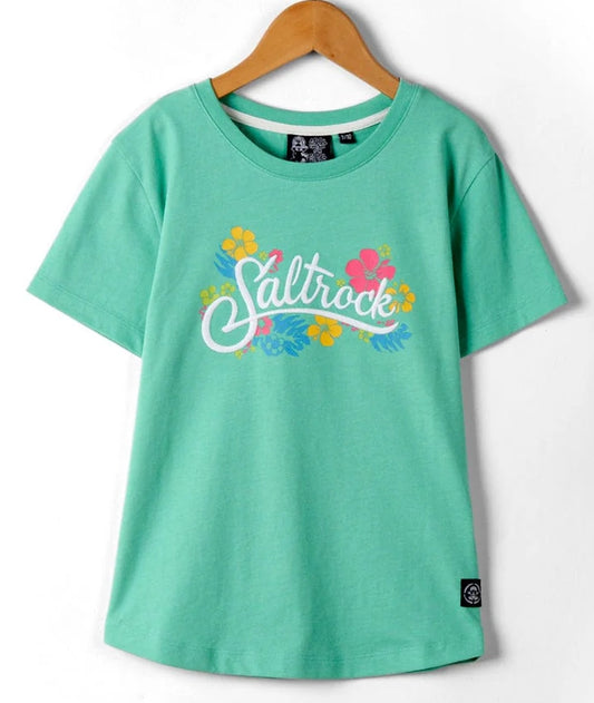 Saltrock kid's Tropic short sleeve round neck tee in Green with multicoloured tropical floral logo print on the front.