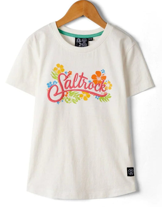 Saltrock kid's Tropic short sleeve round neck tee in White with multicoloured tropical floral logo print on the front.